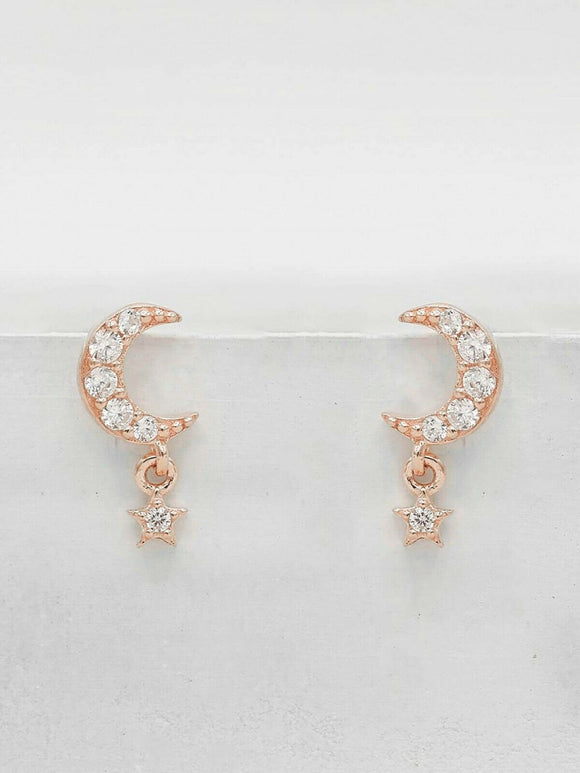 1ct Stud Earrings Round Cut Diamond Moon Crescent 14k Rose Gold Finish