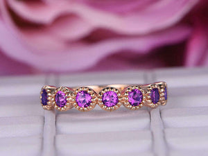 1ct Round Cut Amethyst Wedding Band Half Eternity Milgrain 14k Rose Gold Finish