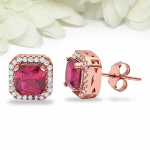 4Ct Cushion Cut Pink Ruby Diamond Halo Gatsby Stud Earrings 14K Rose Gold Finish