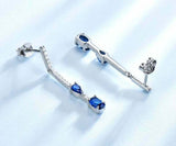 2ct Drop Earrings Oval Pear Cut Blue Sapphire Dangling Bar 14k White Gold Finish