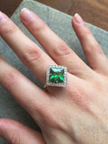 4Ct Princess Cut Green Emerald Diamond Halo Engagement Ring 14K White Gold Over