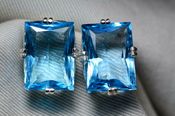 5ct Stud Earrings Radiant Cut Blue Topaz Solitaire Women 14k White Gold Finish