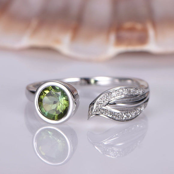 0.5ct Round Green Peridot Bridal Bezel Set Engagement Ring 14k White Gold Finish