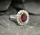 2.4ct Oval Cut Pink Ruby Vintage Inspired Halo Ring 14k White Gold Finish