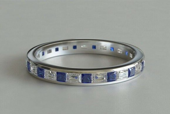 2ct Baguette Cut Alternate Sapphire Wedding Band Eternity 14k White Gold Finish