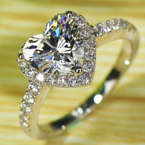 4Ct Heart Cut Diamond Halo Engagement Ring Round Accents 14K White Gold Finish