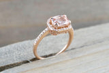 1.3ct Cushion Cut Peach Morganite Halo Engagement Ring 14k Rose Gold Finish