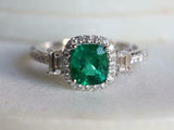 2ct Engagement Ring Cushion Cut Green Emerald Diamond Halo 14k White Gold Finish