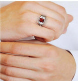 3ct Emerald Red Garnet Diamond Men Stylish Engagement Ring 14k White Gold Finish