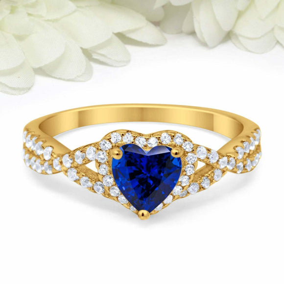 2ct Heart Cut Blue Sapphire Engagement Ring Split Shank Halo 14k YellowGold Over