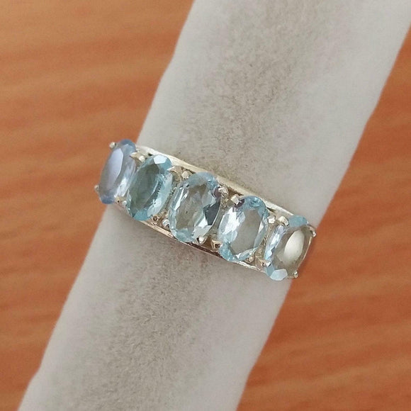 2.6ct Wedding Ring Band Oval Cut Blue Aquamarine Five Stone 14k WhiteGold Finish