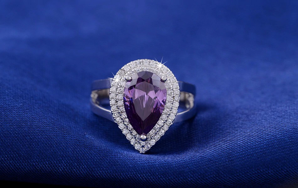 2ct Pear Cut Purple Amethyst Engagement Ring 14k White Gold Finish Double Halo