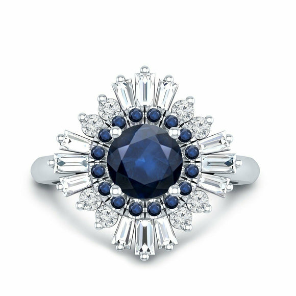 3Ct Round Cut Blue Sapphire Sunburst Diamond Engagement Ring 14K White Gold Over