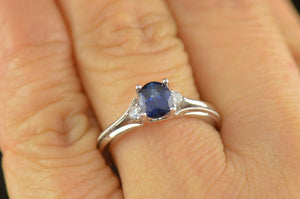 1Ct Oval Cut Blue Sapphire Round Diamond Accent Trilogy Ring 14K White Gold Over