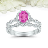 2.5ct Oval Cut Pink Sapphire Engagement Ring Bridal Set Halo 14k White Gold Over