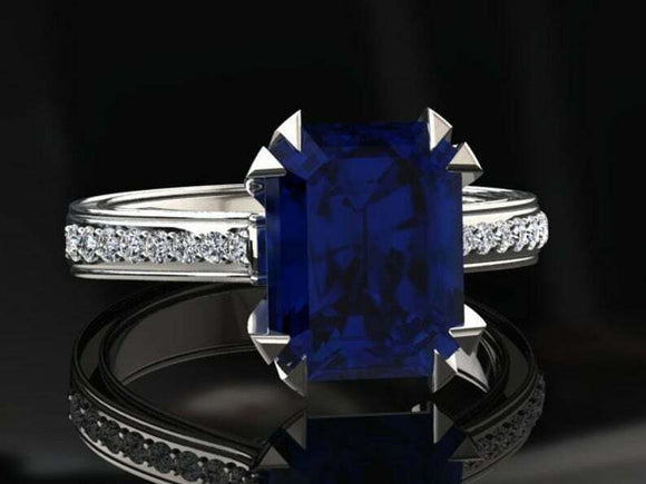 2ct Emerald Blue Sapphire Dual Prong Solitaire Accent Ring 14k White Gold Finish