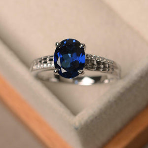 2ct Oval Blue Sapphire Engagement Ring Solitaire Round Accent 14k WhiteGold Over