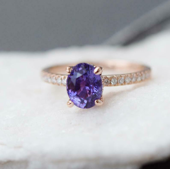 1.5ct Oval Cut Purple Amethyst Engagement Ring Hidden Halo 14k Rose Gold Finish