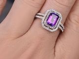 4ct Emerald Cut Purple Amethyst Double Halo Split Shank Ring 14k White Gold Over