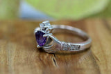 1ct Heart Purple Amethyst Engagement Ring Diamond Claddagh 14k White Gold Finish