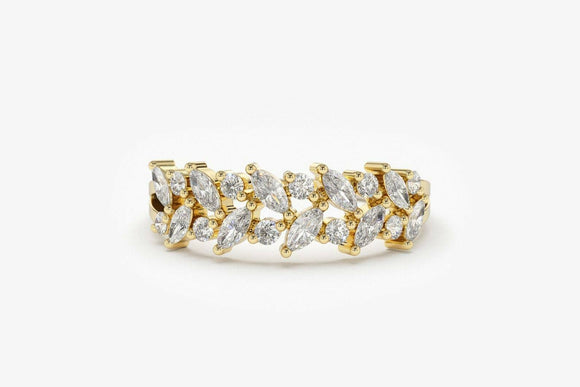 2.3ct Wedding Band Marquise Cut Diamond Dual Row Cluster 14k Yellow Gold Finish