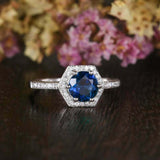 2ct Round Blue Sapphire Hexagon Diamond Halo Engagement Ring 14k White Gold Over