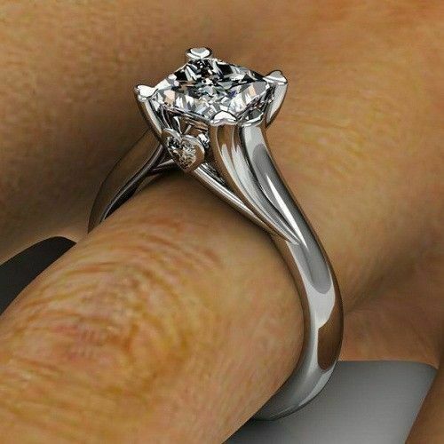 1Ct Princess Cut Diamond Heart Shape Prong Engagement Ring 14K White Gold Finish