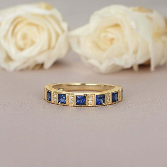 2ct Princess Cut Blue Sapphire Stylish Half Eternity Band 14k Yellow Gold Finish