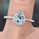 1.7Ct Pear Blue Aquamarine Halo Solitaire Engagement Ring 14K White Gold Finish