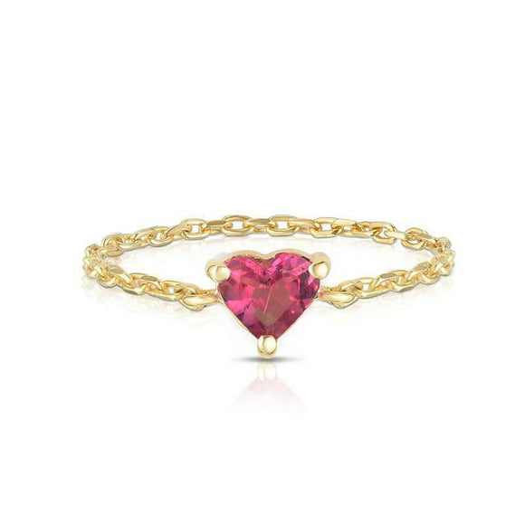 0.1ct Heart Cut Pink Ruby Dainty Chain Engagement Ring 14k Yellow Gold Finish