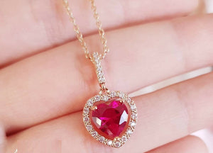 2ct Heart Cut Pink Ruby Halo Cluster Pendant with Chain 14k Rose Gold Finish