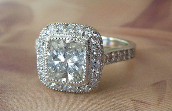 3Ct Cushion Diamond Vintage Milgrain Halo Engagement Ring 14K White Gold Finish