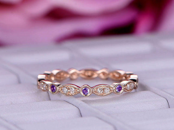 0.6ct Round Cut Purple Amethyst Milgrain Full Eternity Band 14k Rose Gold Finish