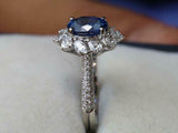 2ct Engagement Ring Oval Cut Blue Sapphire Cluster Accent 14k White Gold Finish