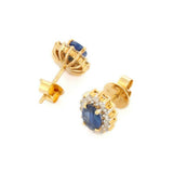 1.75ct Stud Earrings Oval Cut Blue Sapphire Floral Halo 14k Yellow Gold Finish