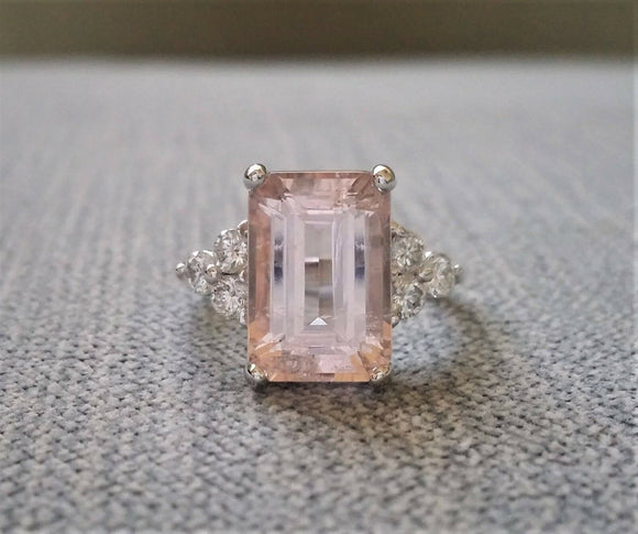 2.5Ct Emerald Cut Peach Morganite Ring 14K White Gold Finish With Round Accents