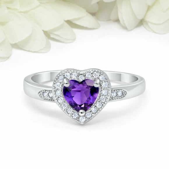 2Ct Heart Cut Purple Amethyst Diamond Halo Engagement Ring 14K White Gold Finish