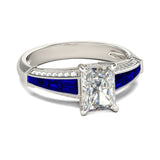 2Ct Radiant Cut Diamond Blue Sapphire Accent Solitaire Ring 14K White Gold Over