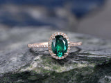 1.1Ct Oval Cut Green Emerald Solitaire Halo Engagement Ring 14K Rose Gold Finish