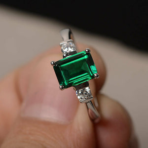 1.2ct Emerald Cut Green Emerald Engagement Ring 14k White Gold Finish Trilogy