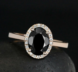 Halo Solitaire Engagement Ring 2ct Oval Cut Black Diamond 14k Rose Gold Finish