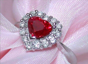 3Ct Heart Cut Pink Ruby Diamond Halo Love Engagement Ring 14K White Gold Finish