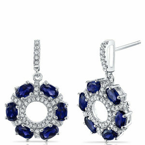 4Ct Oval Cut Blue Sapphire Diamond Circular Drop Earrings 14K White Gold Finish