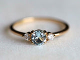 1ct Engagement Ring Round Cut Blue Aquamarine Three Stone 14k Yellow Gold Finish