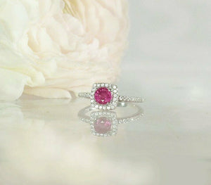 1ct Round Cut Pink Sapphire Engagement Ring 14k White Gold Finish Halo Solitaire