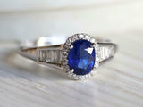 3.5ct Oval Cut Blue Sapphire Baguette Accent Halo Ring 14k White Gold Finish