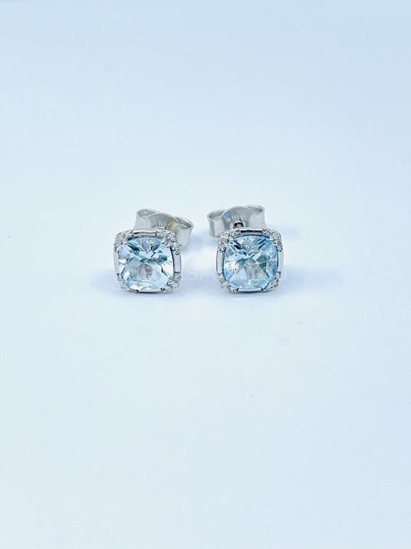 1ct Cushion Simulated Blue Aquamarine Petite Stud Earrings 14k White Gold Plated