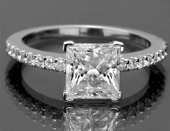 2Ct Princess Cut Diamond Solitaire Ring 14K White Gold Finish with Round Accents