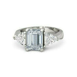 5Ct Emerald Cut Diamond Trillion Accents Three Stone Ring 14K White Gold Finish