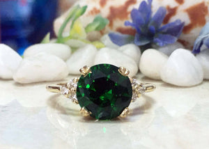 2ct Engagement Ring Round Cut Emerald Round Diamond Petite 14k YellowGold Finish